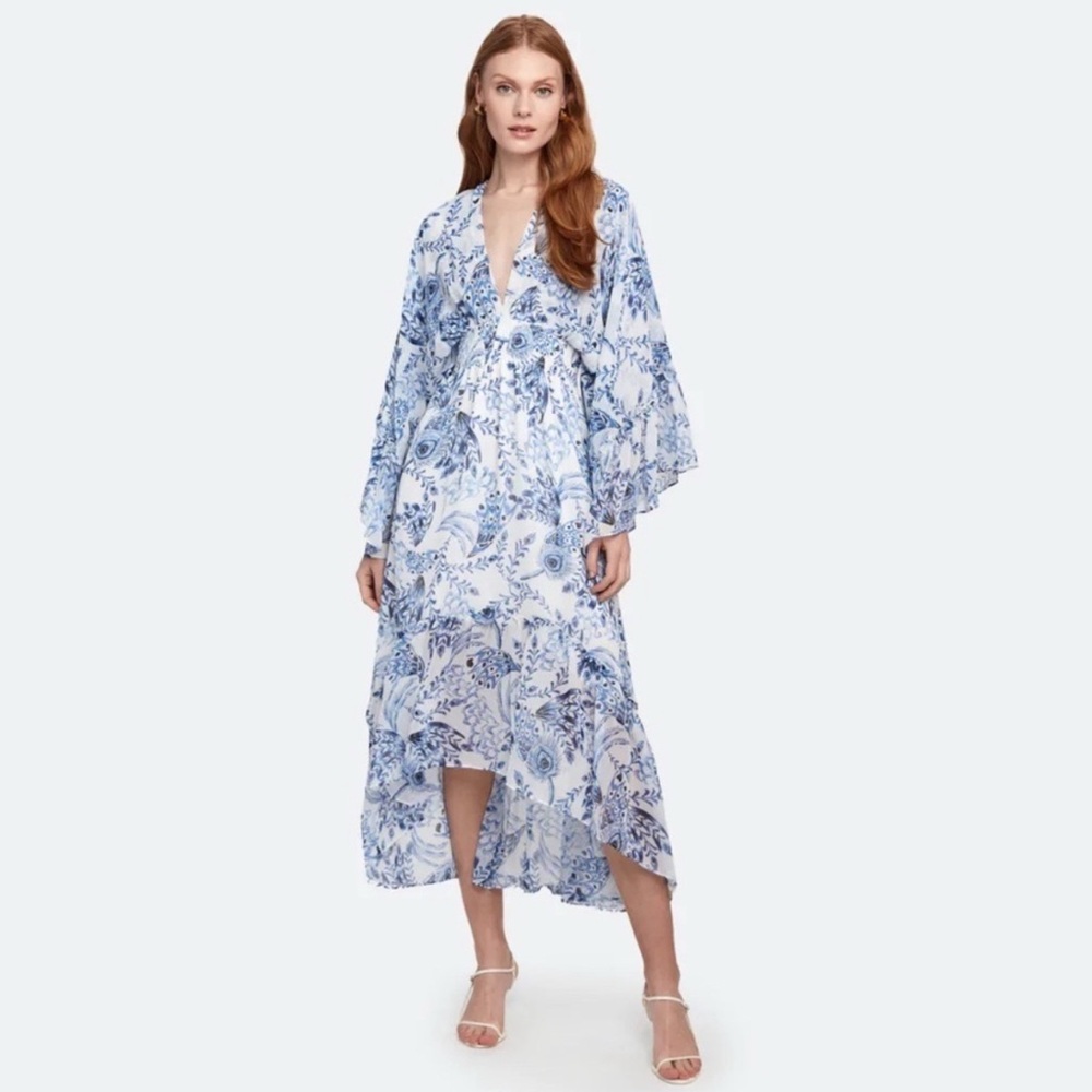 MISA LA Shadi Kimono Sleeve Chiffon Midi Dress Blue White Women's Size Small